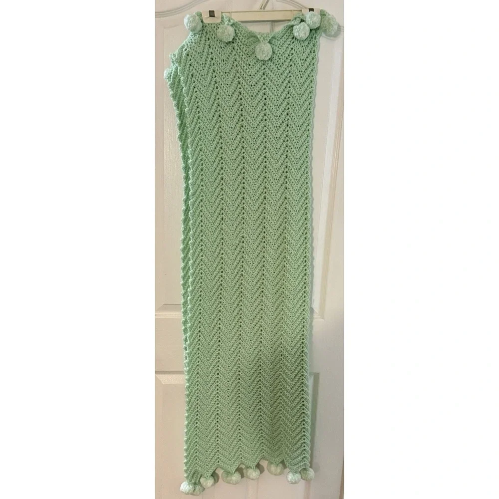 Vintage Granny handmade crochet Afghan green throw blanket With Pompoms‎ 49